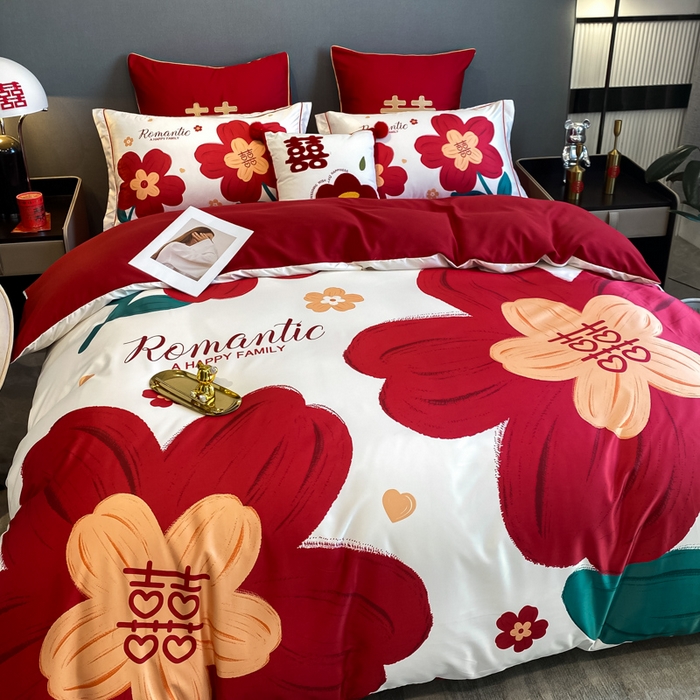 91家纺网 家纺一手货源 找家纺 花愿 2025新款婚庆大版印花四件套 喜嫁