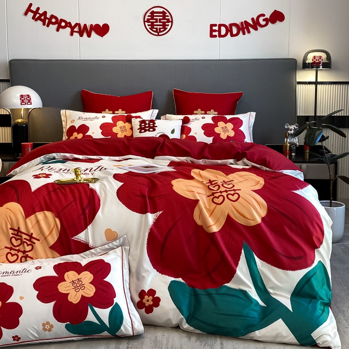 91家纺网 家纺一手货源 找家纺 花愿 2025新款婚庆大版印花四件套 喜嫁