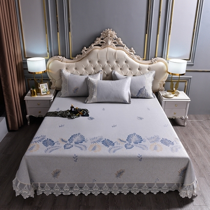 印季家纺-2023新款1200D水洗冰丝花边床单款凉席 芭蕉叶-蓝