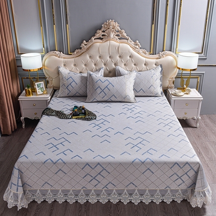 91家纺网 家纺一手货源 找家纺 印季家纺-2023新款1200D水洗冰丝花边床单款凉席 展翅-蓝