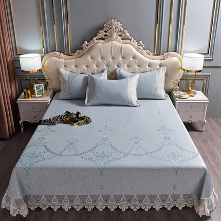 91家纺网 家纺一手货源 找家纺 印季家纺-2023新款1200D水洗冰丝花边床单款凉席 贵族风范-绿