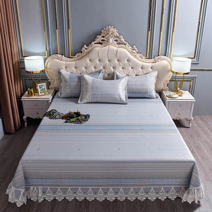 91家纺网 家纺一手货源 找家纺 印季家纺-2023新款1200D水洗冰丝花边床单款凉席 心动-蓝