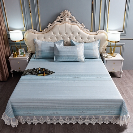 91家纺网 家纺一手货源 找家纺 印季家纺-2023新款1200D水洗冰丝花边床单款凉席 心动-绿
