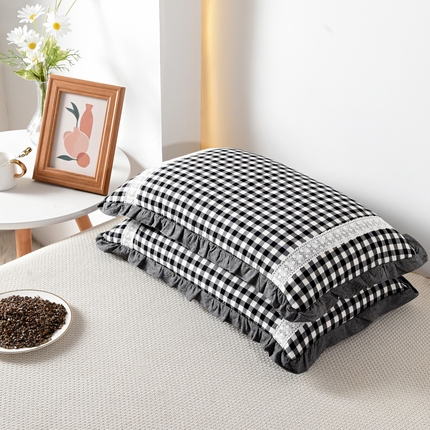 织布人 2023新款荞麦枕全棉水洗棉大花边全荞麦枕头枕芯 大花边黑白格