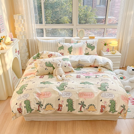 91家纺网 家纺一手货源 找家纺 麦伦 2023春夏新品ins小清新系列四件套 恐龙梦游记