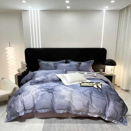 91家纺网 家纺一手货源 找家纺 若未家居2023新款轻奢意式50支全棉长绒棉四件套-水墨 烟蓝