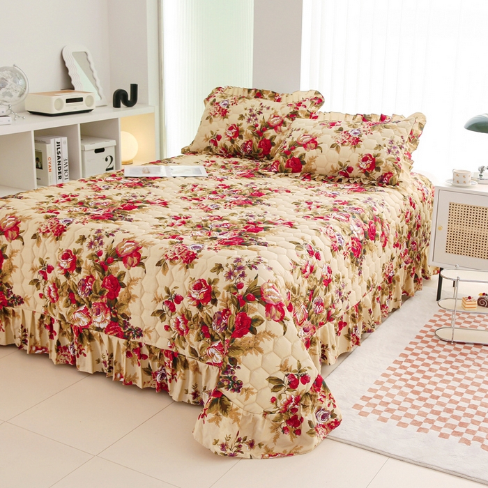 91家纺网 家纺一手货源 找家纺 情煊家纺 2023新款全棉夹棉印花床盖三件套(可定制尺寸) 情深似海