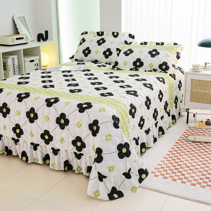 91家纺网 家纺一手货源 找家纺 情煊家纺 2023新款全棉夹棉印花床盖三件套(可定制尺寸) 幸运花园