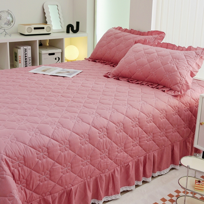 91家纺网 家纺一手货源 找家纺 情煊家纺 2023新款全棉夹棉纯色床盖三件套(可定制尺寸) 豆沙