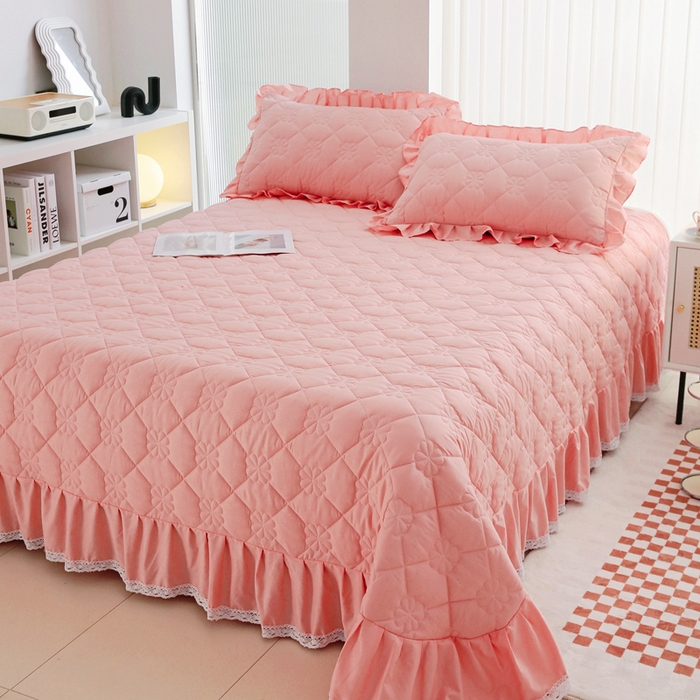 91家纺网 家纺一手货源 找家纺 情煊家纺 2023新款全棉夹棉纯色床盖三件套(可定制尺寸) 粉玉