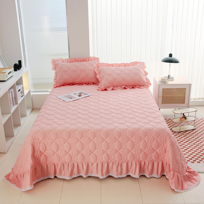 91家纺网 家纺一手货源 找家纺 情煊家纺 2023新款全棉夹棉纯色床盖三件套(可定制尺寸) 粉玉