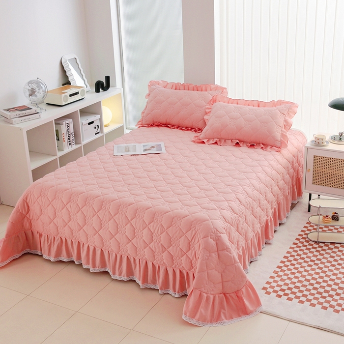 91家纺网 家纺一手货源 找家纺 情煊家纺 2023新款全棉夹棉纯色床盖三件套(可定制尺寸) 粉玉