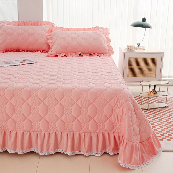 91家纺网 家纺一手货源 找家纺 情煊家纺 2023新款全棉夹棉纯色床盖三件套(可定制尺寸) 粉玉