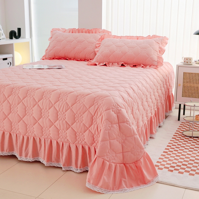 91家纺网 家纺一手货源 找家纺 情煊家纺 2023新款全棉夹棉纯色床盖三件套(可定制尺寸) 粉玉