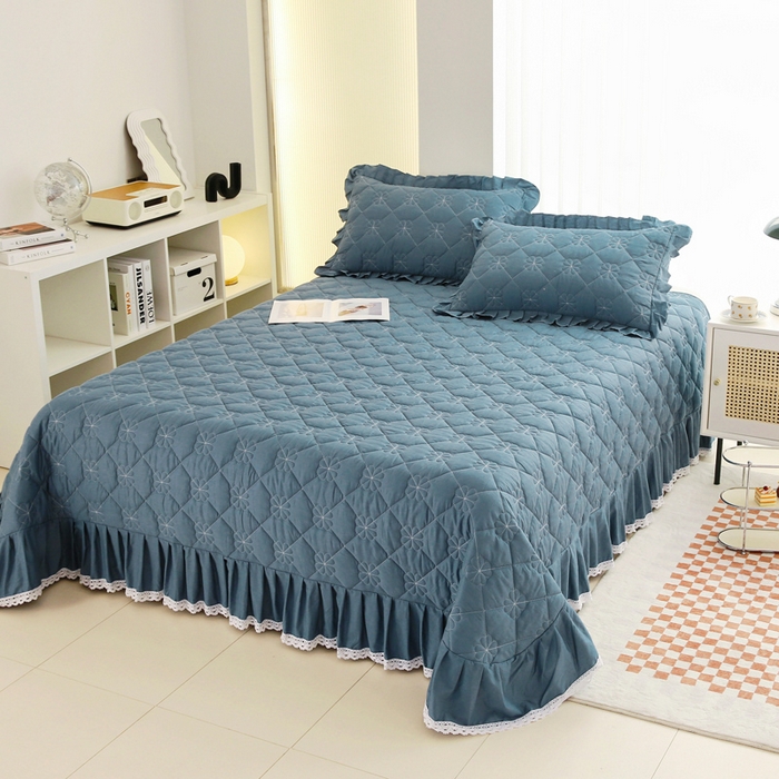 91家纺网 家纺一手货源 找家纺 情煊家纺 2023新款全棉夹棉纯色床盖三件套(可定制尺寸) 灰兰