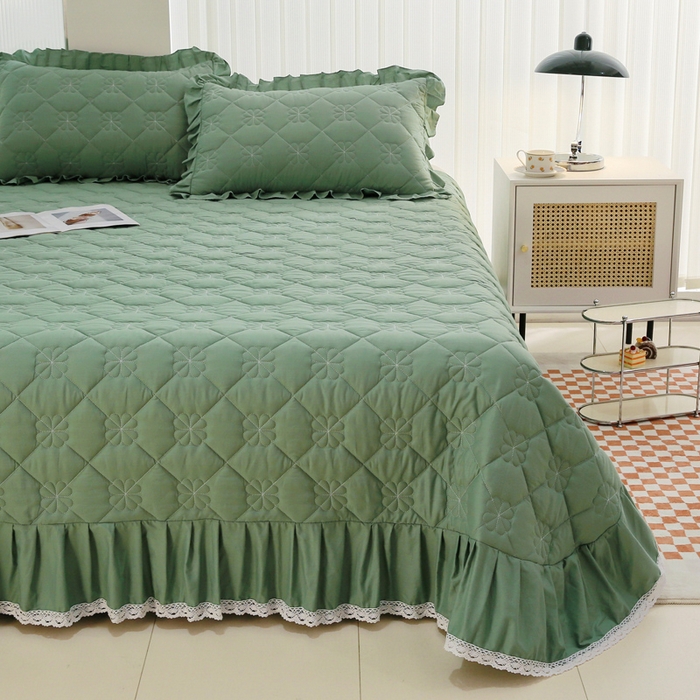 91家纺网 家纺一手货源 找家纺 情煊家纺 2023新款全棉夹棉纯色床盖三件套(可定制尺寸) 浅绿