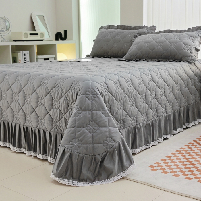 91家纺网 家纺一手货源 找家纺 情煊家纺 2023新款全棉夹棉纯色床盖三件套(可定制尺寸) 绅士灰