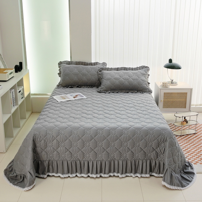 91家纺网 家纺一手货源 找家纺 情煊家纺 2023新款全棉夹棉纯色床盖三件套(可定制尺寸) 绅士灰