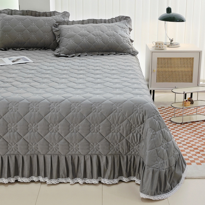 91家纺网 家纺一手货源 找家纺 情煊家纺 2023新款全棉夹棉纯色床盖三件套(可定制尺寸) 绅士灰