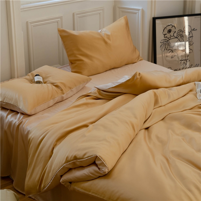 91家纺网 家纺一手货源 找家纺 沐白 202360S兰精纯色天丝四件套 芝士黄-沙茶色