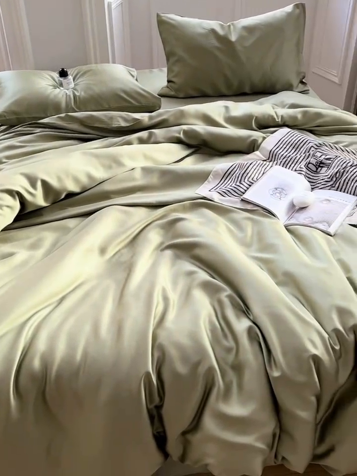 91家纺网 家纺一手货源 找家纺 沐白 60S兰精纯色天丝四件套 欧芹绿