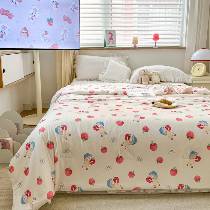 91家纺网 家纺一手货源 找家纺 木堇家居 2023新款针织夏被A类大豆针织棉夏被 草莓女孩