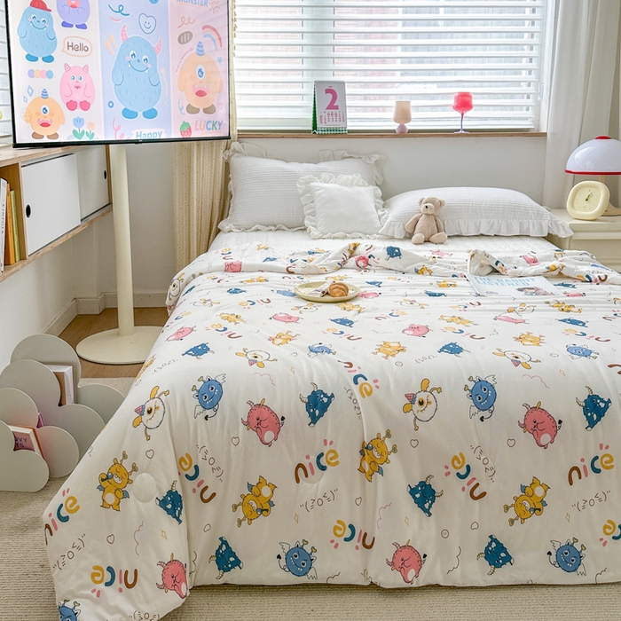 91家纺网 家纺一手货源 找家纺 木堇家居 2023新款针织夏被A类大豆针织棉夏被 小魔兽