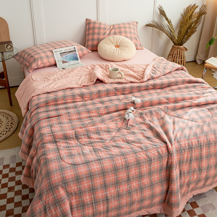 91家纺网 家纺一手货源 找家纺 鸣升 新款全棉色织水洗棉棉花夏被（图片2无模特） 芳华粉