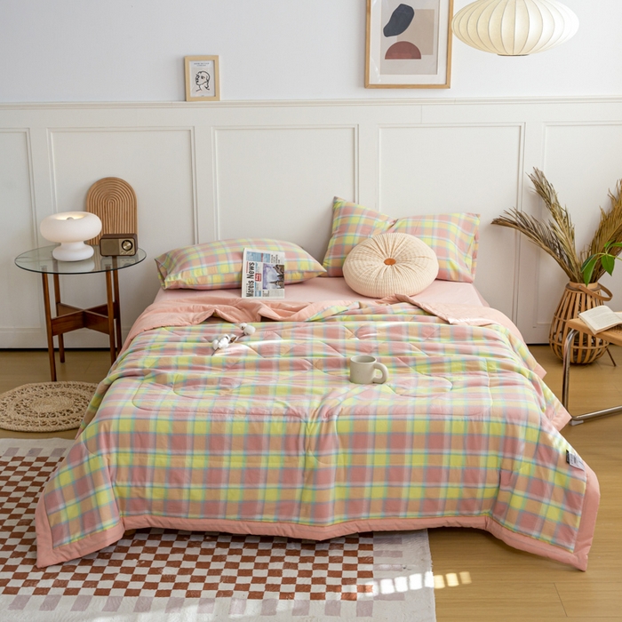 91家纺网 家纺一手货源 找家纺 鸣升 新款全棉色织水洗棉棉花夏被（图片2无模特） 弗暖粉黄