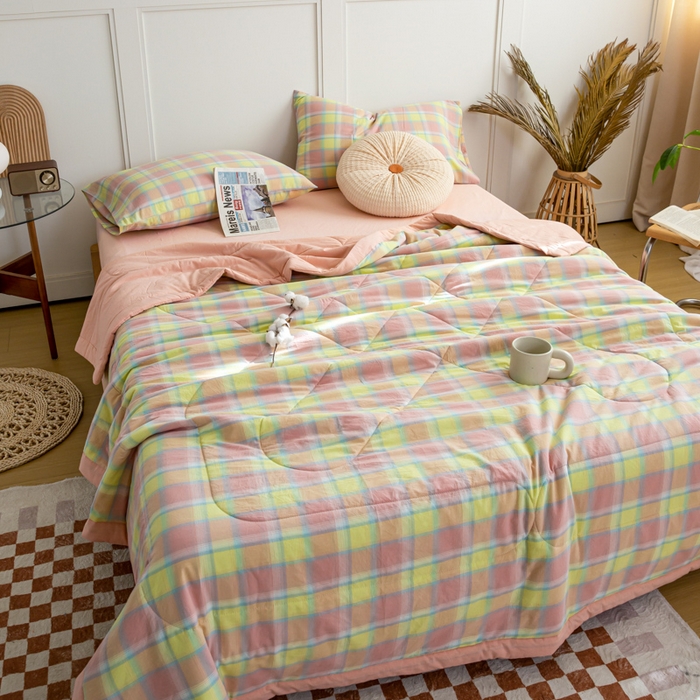 91家纺网 家纺一手货源 找家纺 鸣升 新款全棉色织水洗棉棉花夏被（图片2无模特） 弗暖粉黄