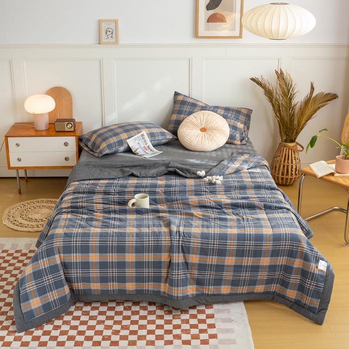 91家纺网 家纺一手货源 找家纺 鸣升 新款全棉色织水洗棉棉花夏被（图片2无模特） 灰格桔