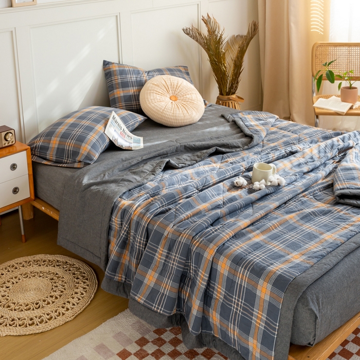 91家纺网 家纺一手货源 找家纺 鸣升 新款全棉色织水洗棉棉花夏被（图片2无模特） 灰格桔