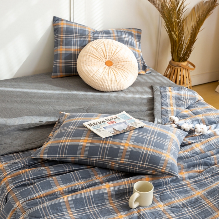 91家纺网 家纺一手货源 找家纺 鸣升 新款全棉色织水洗棉棉花夏被（图片2无模特） 灰格桔