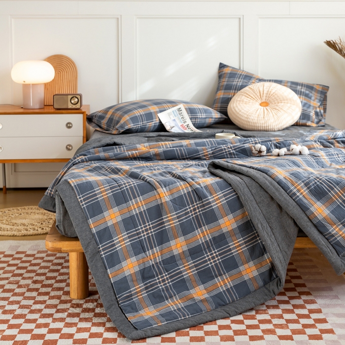 91家纺网 家纺一手货源 找家纺 鸣升 新款全棉色织水洗棉棉花夏被（图片2无模特） 灰格桔