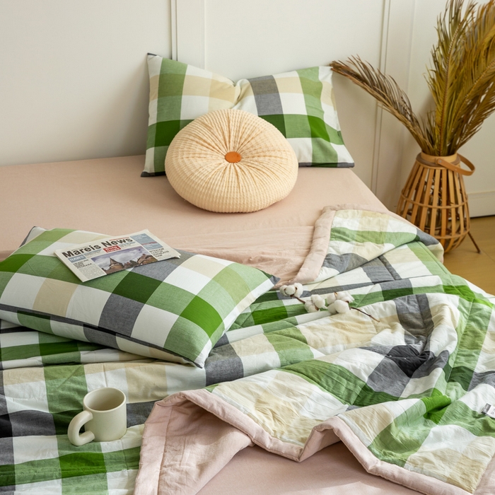 91家纺网 家纺一手货源 找家纺 鸣升 新款全棉色织水洗棉棉花夏被（图片2无模特） 海青鲜绿格