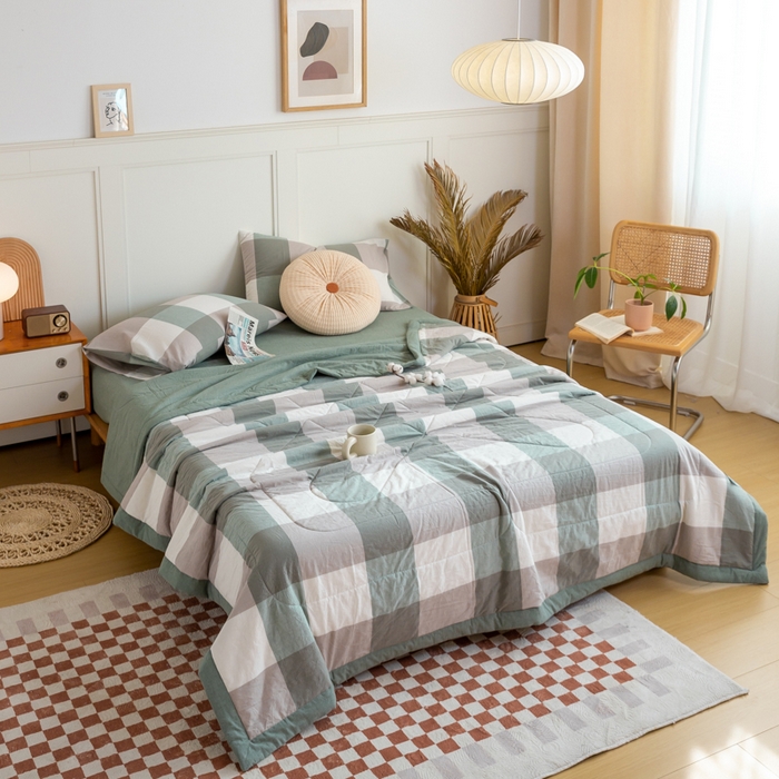 91家纺网 家纺一手货源 找家纺 鸣升 新款全棉色织水洗棉棉花夏被（图片2无模特） 绿大格