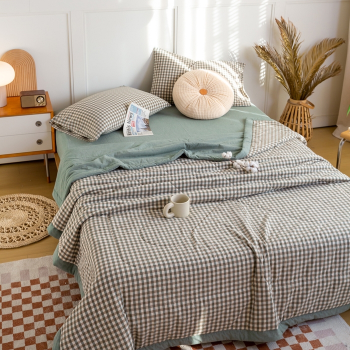 91家纺网 家纺一手货源 找家纺 鸣升 新款全棉色织水洗棉棉花夏被（图片2无模特） 绿小格