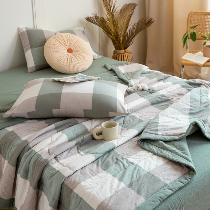 91家纺网 家纺一手货源 找家纺 鸣升 新款全棉色织水洗棉棉花夏被（图片2无模特） 绿大格