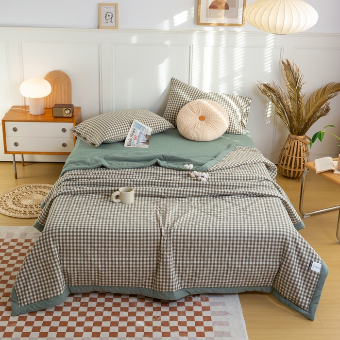 91家纺网 家纺一手货源 找家纺 鸣升 新款全棉色织水洗棉棉花夏被（图片2无模特） 绿小格