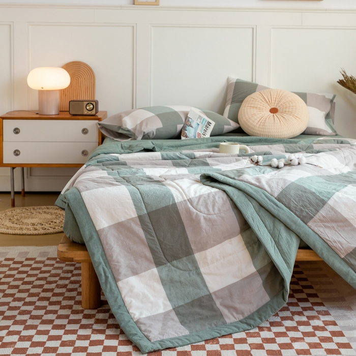 91家纺网 家纺一手货源 找家纺 鸣升 新款全棉色织水洗棉棉花夏被（图片2无模特） 绿大格