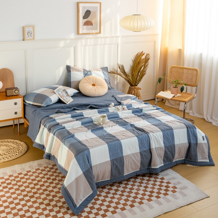 91家纺网 家纺一手货源 找家纺 鸣升 新款全棉色织水洗棉棉花夏被（图片2无模特） 米粽丈青格