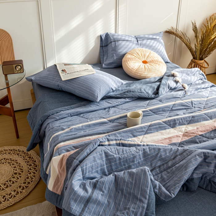 91家纺网 家纺一手货源 找家纺 鸣升 新款全棉色织水洗棉棉花夏被（图片2无模特） 米拉蓝