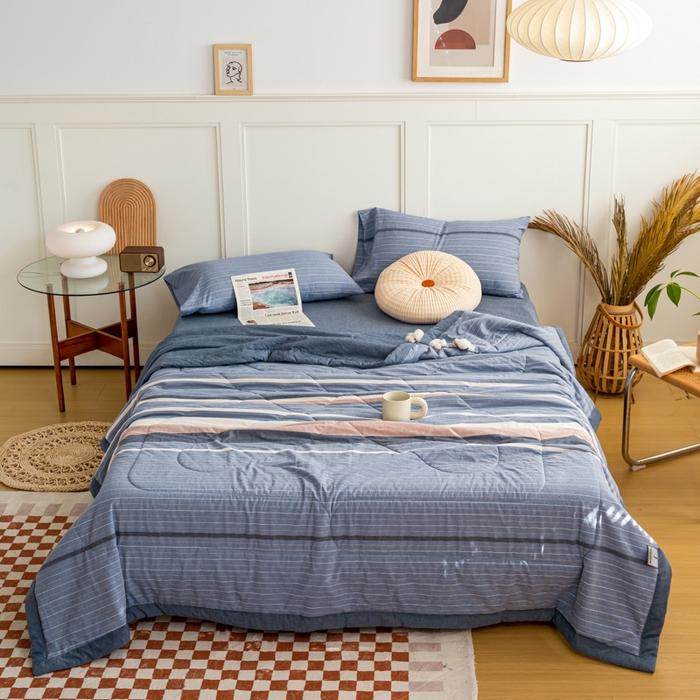 91家纺网 家纺一手货源 找家纺 鸣升 新款全棉色织水洗棉棉花夏被（图片2无模特） 米拉蓝