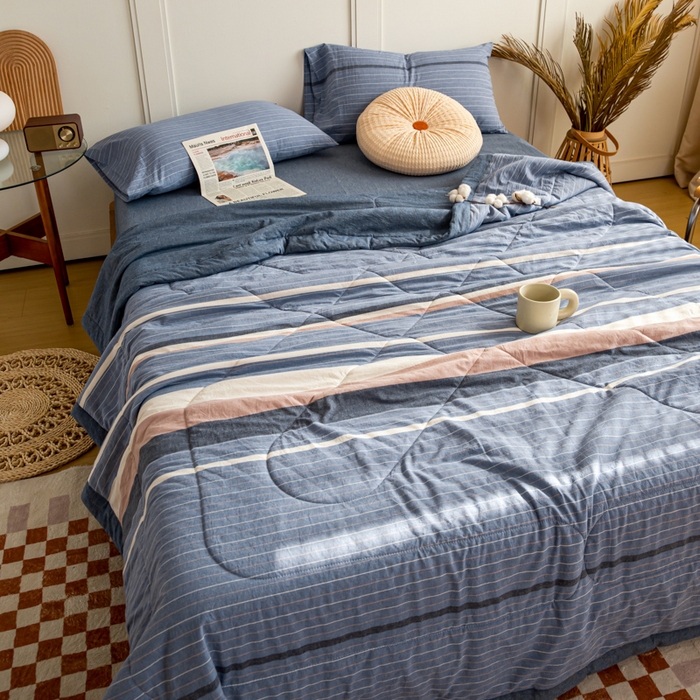 91家纺网 家纺一手货源 找家纺 鸣升 新款全棉色织水洗棉棉花夏被（图片2无模特） 米拉蓝