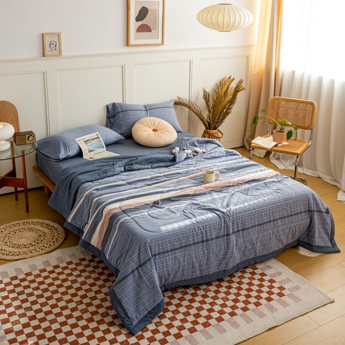 91家纺网 家纺一手货源 找家纺 鸣升 新款全棉色织水洗棉棉花夏被（图片2无模特） 米拉蓝