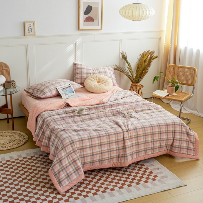 91家纺网 家纺一手货源 找家纺 鸣升 新款全棉色织水洗棉棉花夏被（图片2无模特） 莫妮卡粉