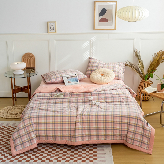 91家纺网 家纺一手货源 找家纺 鸣升 新款全棉色织水洗棉棉花夏被（图片2无模特） 莫妮卡粉