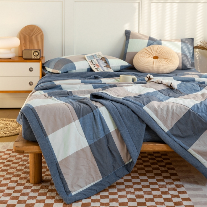 91家纺网 家纺一手货源 找家纺 鸣升 新款全棉色织水洗棉棉花夏被（图片2无模特） 米粽丈青格