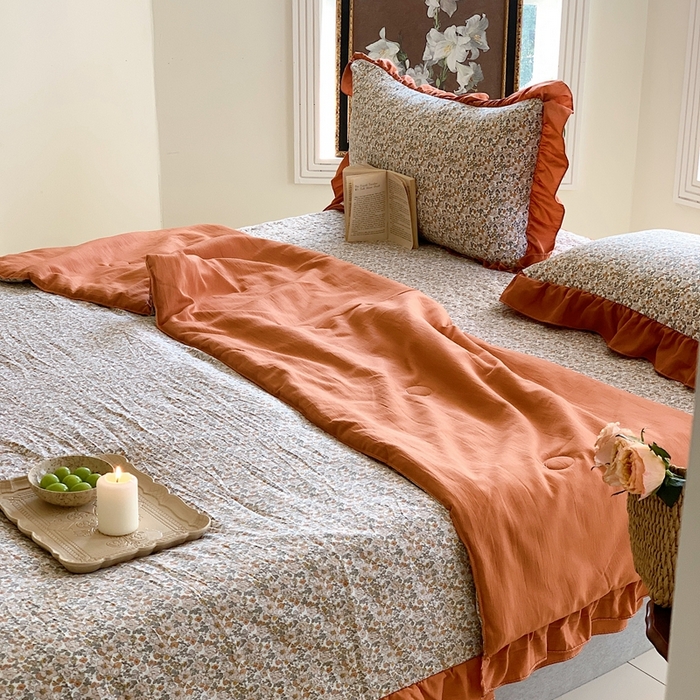 91家纺网 家纺一手货源 找家纺 星期八2023款水洗棉麻床盖+枕套+夏被 蕙兰