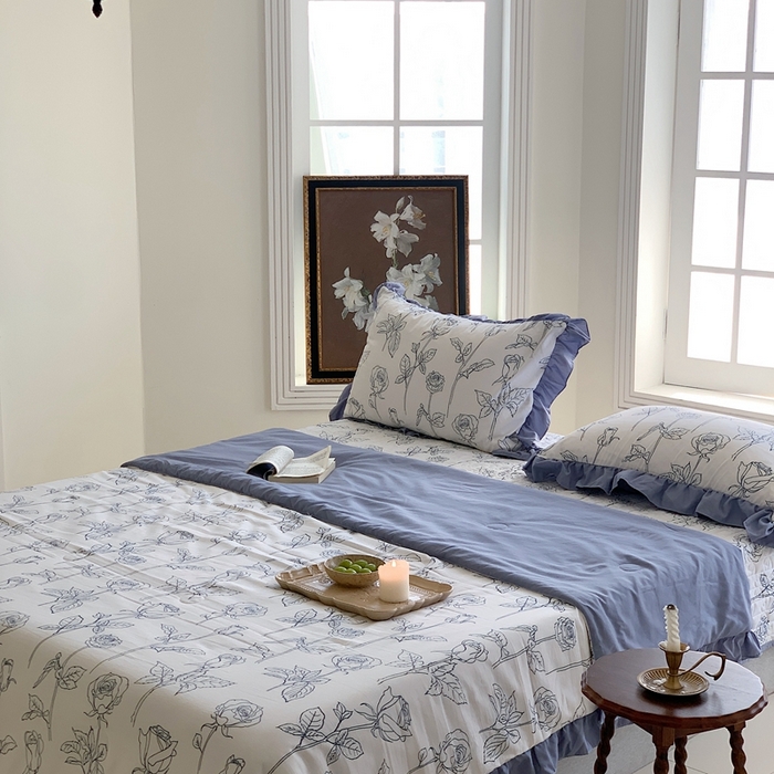 91家纺网 家纺一手货源 找家纺 星期八2023款水洗棉麻床盖+枕套+夏被 玫瑰